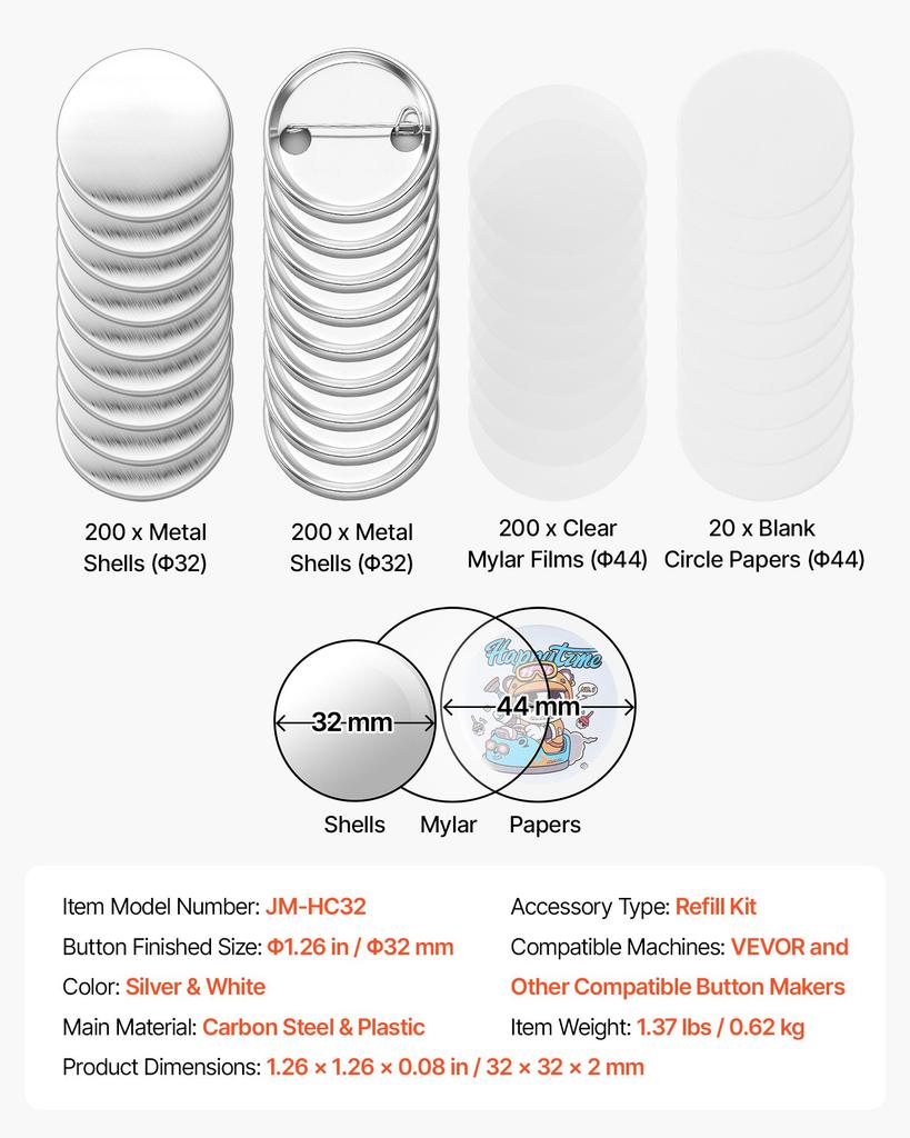 VEVOR Button Maker Supplies 200 Sets 1.26 In / 32 Mm Pin Back Button Parts, with Metal Backs, Metal Shells, Clear Mylar Films