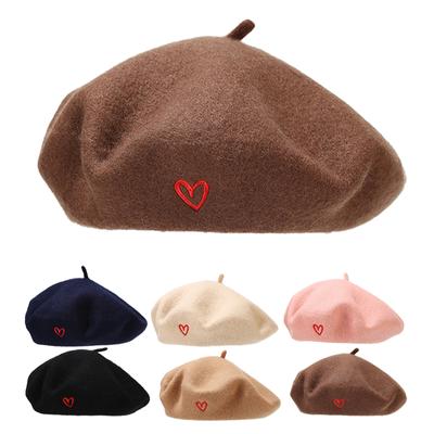 Love Embroidered Wool Beret Cap for Women England Vintage Painter Hat Thicke Warm Solid Berets Female Elegant Woolen Newsboy Cap Vintage Painter Cap