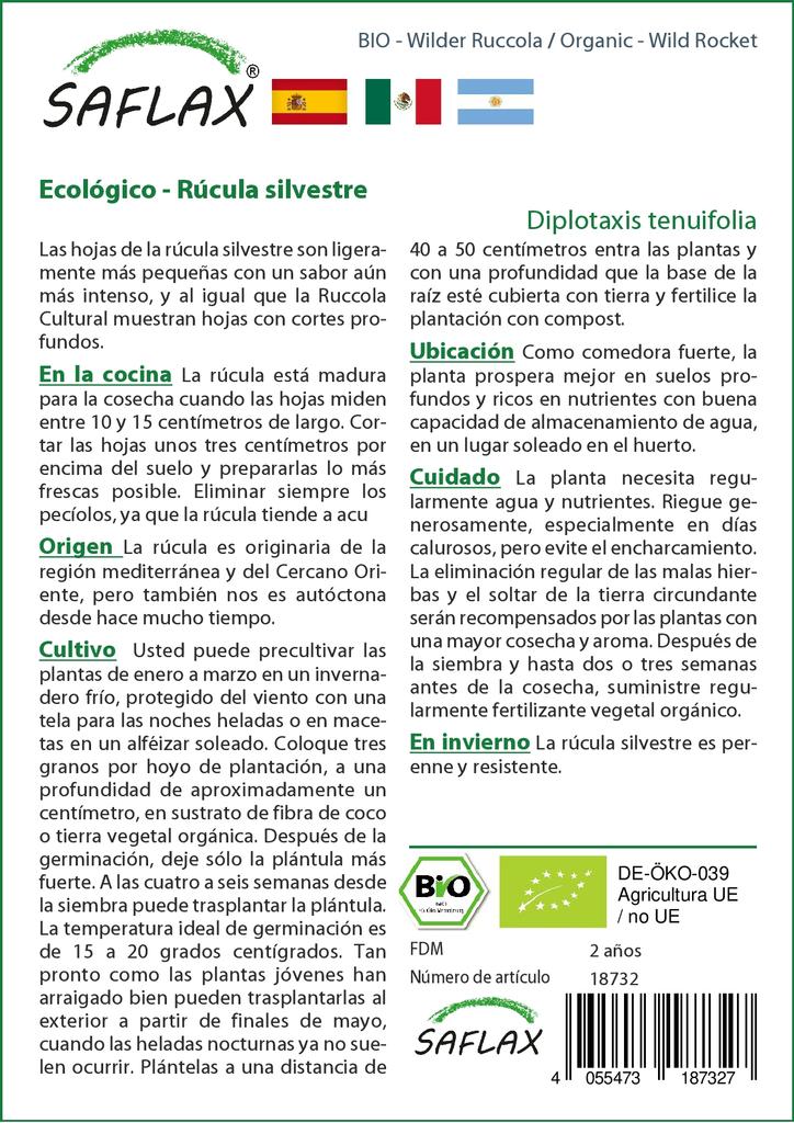 SAFLAX Garden In the Bag - Organic - Wild Rocket - 1500 Seeds - With Substrate In a Fitting Stand Up Bag - Diplotaxis Tenuifolia