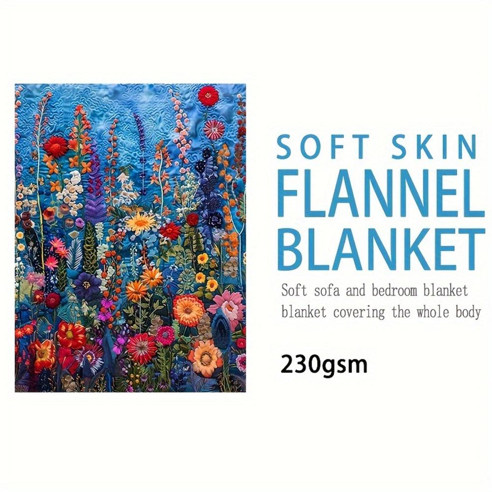 Lebhafte bestickte Blumendecke - Buntes Wildblumendesign auf Blau für Naturliebhaber & Gemütliche Wohnkultur