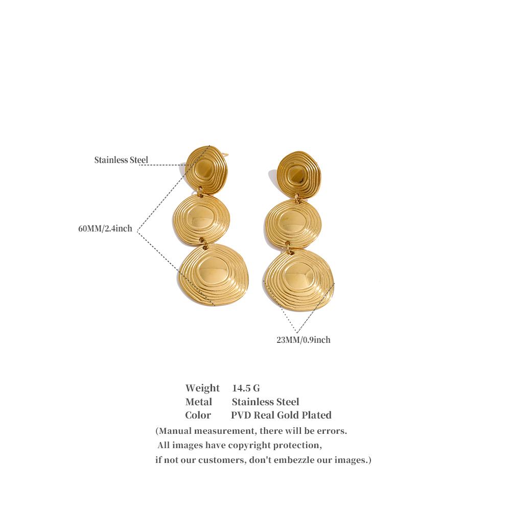 Yhpup Stainless Steel Stripe Round Drop Earrings Waterproof Metal PVD Plated Versatile Daily Gold Color Jewelry Accessories