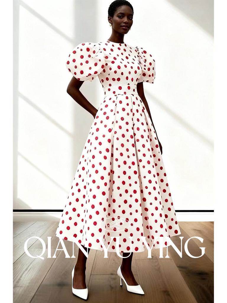 Retro Europäisches & Amerikanisches Polka-Dot-Kleid mit Puffärmeln und Taillenbetonung
