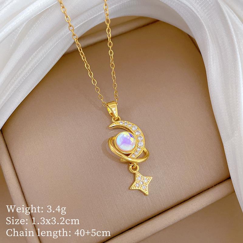 

Stainless Steel Chain Necklace Dreamy Moonstone Zircon Moon Planet Star Pendant Necklace for Women Girls Sweet Jewelry Gifts