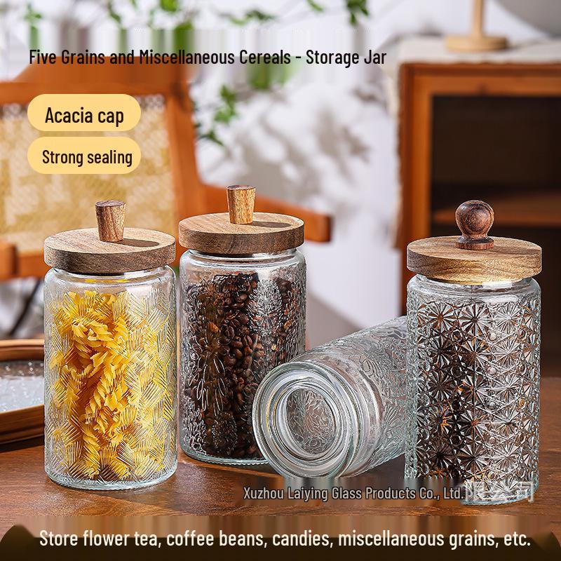 Retro Embossed Glass Storage Jar with Bamboo Lid for Tea and Grains, Large Capacity. 500ml Stars + Glass Lid