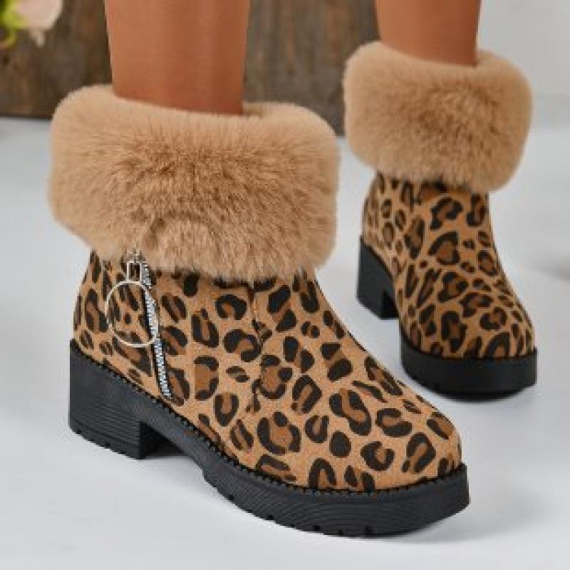 Winter New Large Size Leopard Print Short Boots European and American Round Head Lint Cotton Comfortable Flat Bottom Martin Boots