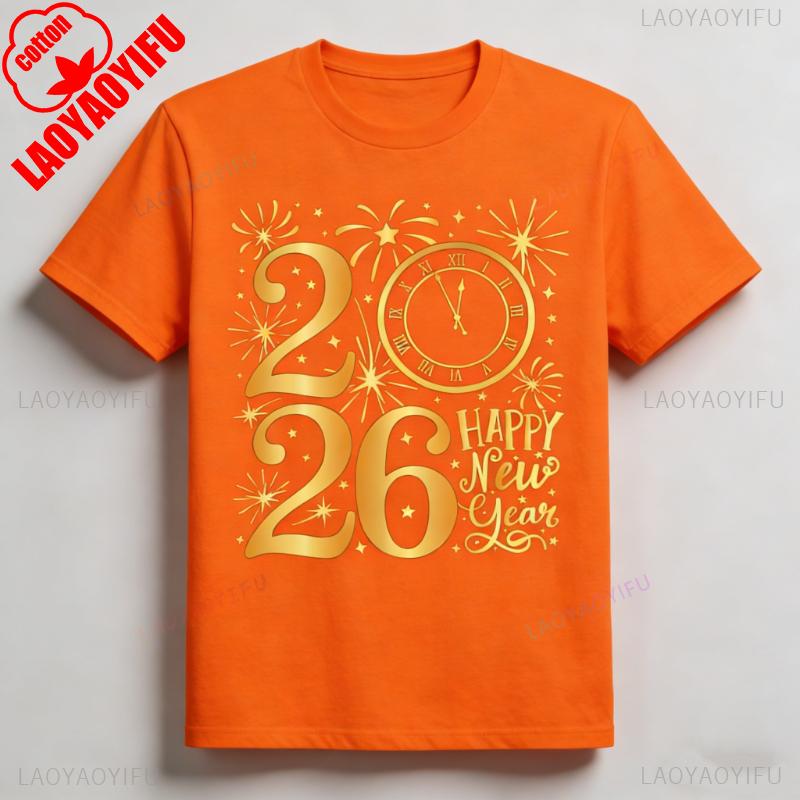 Happy New Year Party 2026 Family Matching Unisex Printed TShirt Tops High Quality Cotton Crewneck Casual Style Shortsleev