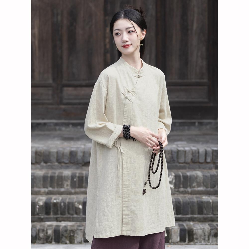 Spring Summer Cotton Linen Women's Clothing Washing Plate Buckle, Side Placket Tied  Retro Chinese Style Children's Style Zen Tea Costume