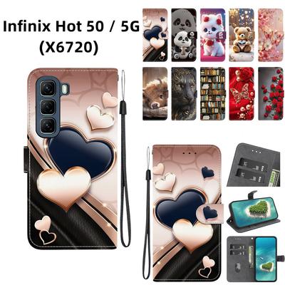 Handgefertigte PU-Leder-Klapphülle für Infinix Hot 50 / 5G (X6720) Rutschfeste Stoßfeste Hülle mit Handschlaufe & Herz/Rose Katze Designs