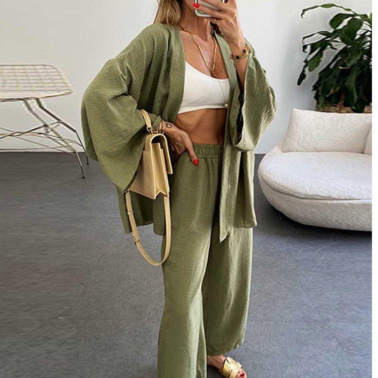 Summer Women's Wide-leg Trousers Suit Solid Color Loose Casual Temperament Two-piece Set