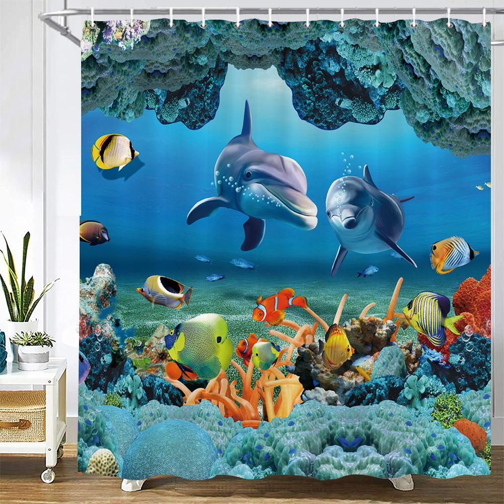 Lovely Dolphin Cartoons Shower Curtains Waterproof Bathroom Curtain 3D Marine Life With Hooks Large Size 240*180Cm Bath Screen