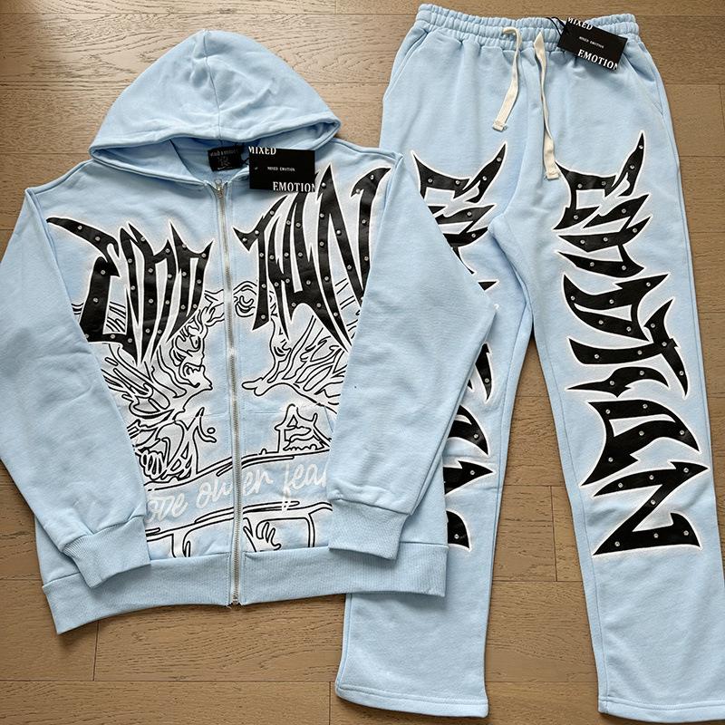 Unisex Rhinestone Zipper Hooded Cardigan & Sweatpants Set with Letter Print.