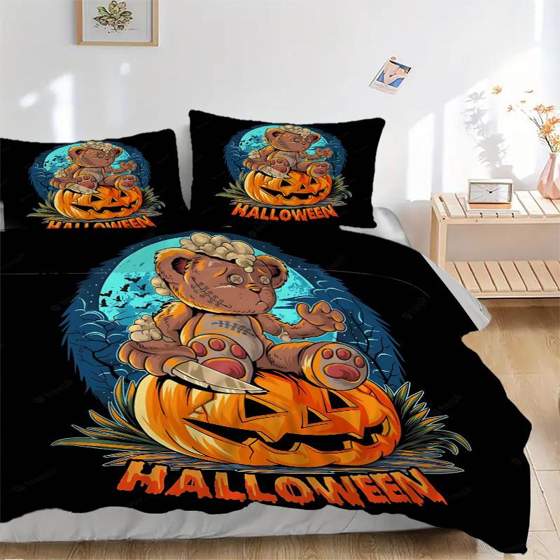 3pcs Scary Bear Pumpkin Halloween Bedding Set - Includes Quilt Cover and Pillowcases, Suitable for All Seasons, Machine Washable - Ideal Gif