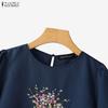 ZANZEA Women Casual Round Neck 3/4 Sleeve Floral Embroider Blouse