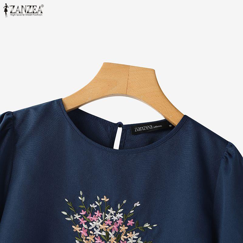 ZANZEA Women Casual Round Neck 3/4 Sleeve Floral Embroider Blouse
