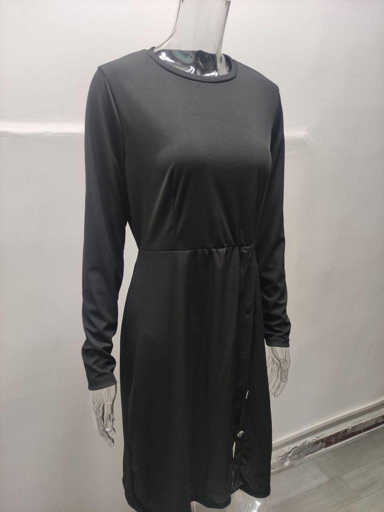 Podzim Zima Slim Fit Žebrovaný Pletený Šaty s Rozparkem a Dlouhým Rukávem