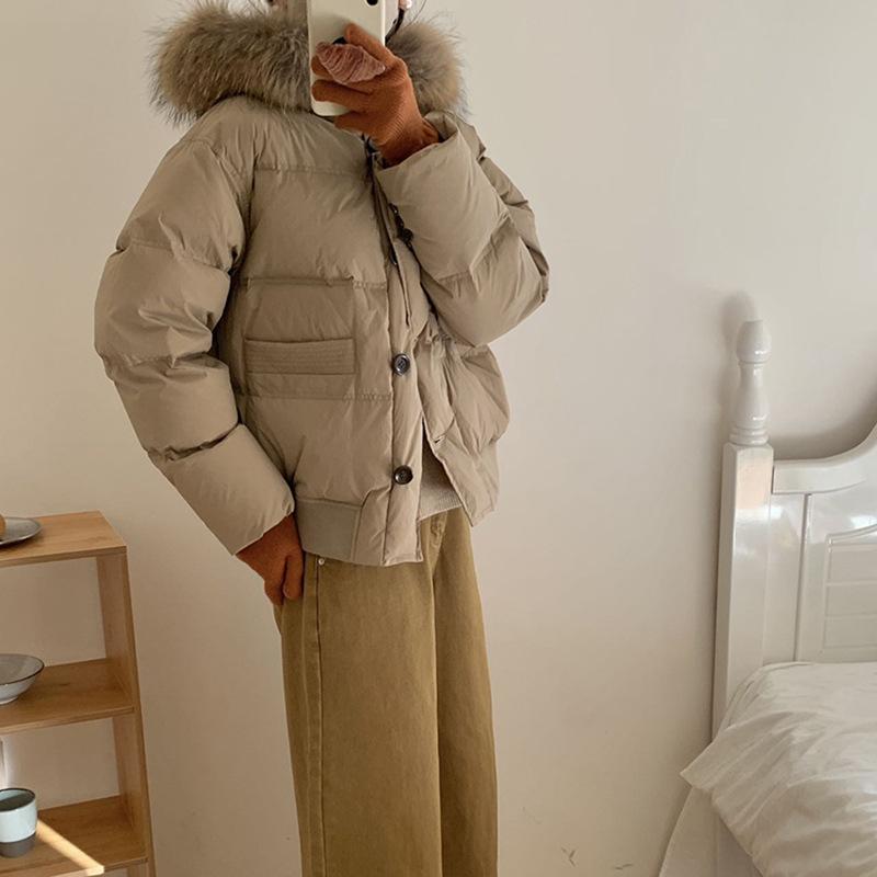 

Морозостойкий взрывоопасный пуховик женский короткий 2025 зима утолщенный пух белой утки маленький енот большая меховая куртка S