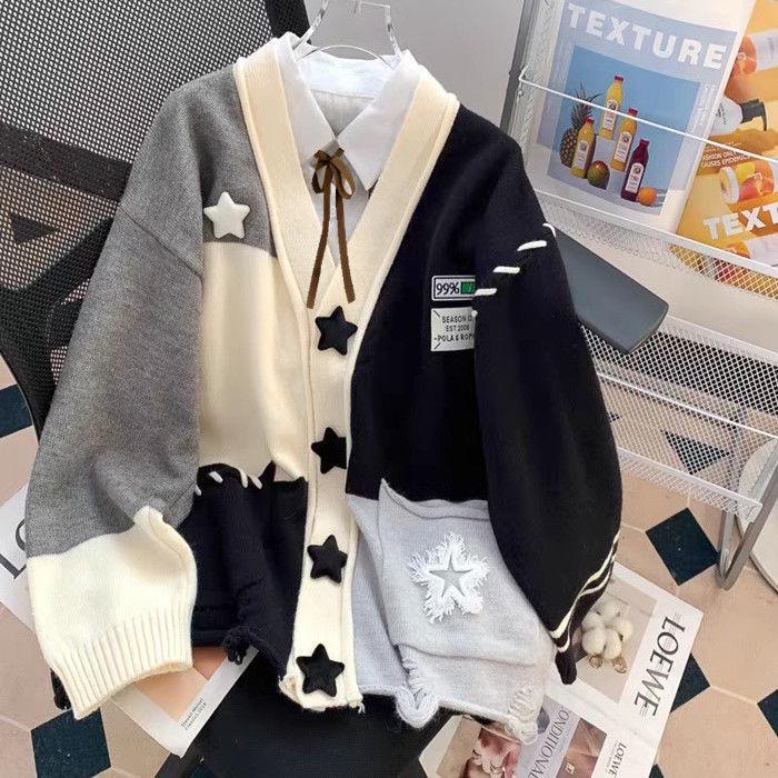 

Женский вязаный кардиган свободного кроя с лоскутным узором из звезд на осень/зиму S (80-95 catties) чёрный