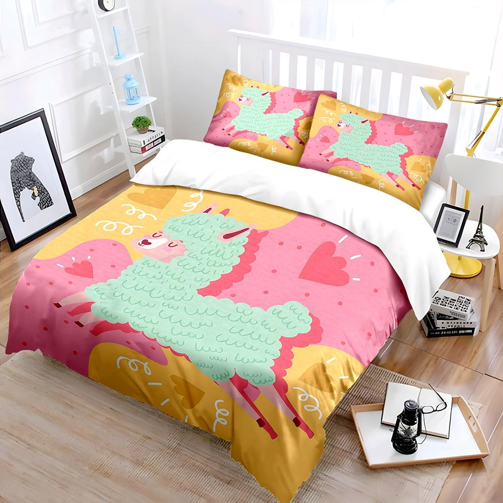 Cute Alpaca Warm-Colored Background Bedding Set For Kids Luxury Gift 3Pc Digital Print Comforter Set Soft Comfortable Breathable