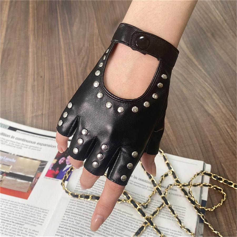 Black Studded Fingerless Gloves for Men Women