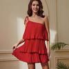 2026 European and American summer women's clothing diagonal shoulder layered splicing hem solid color dress women