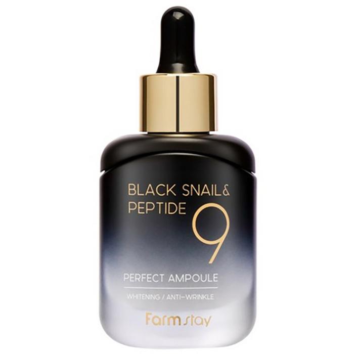 FARM STAY Black Snail & Peptide 9 Perfect Ampoule – Elastizitätsförderndes Serum mit Schneckenmucin & 9 Peptiden, Koreanisch