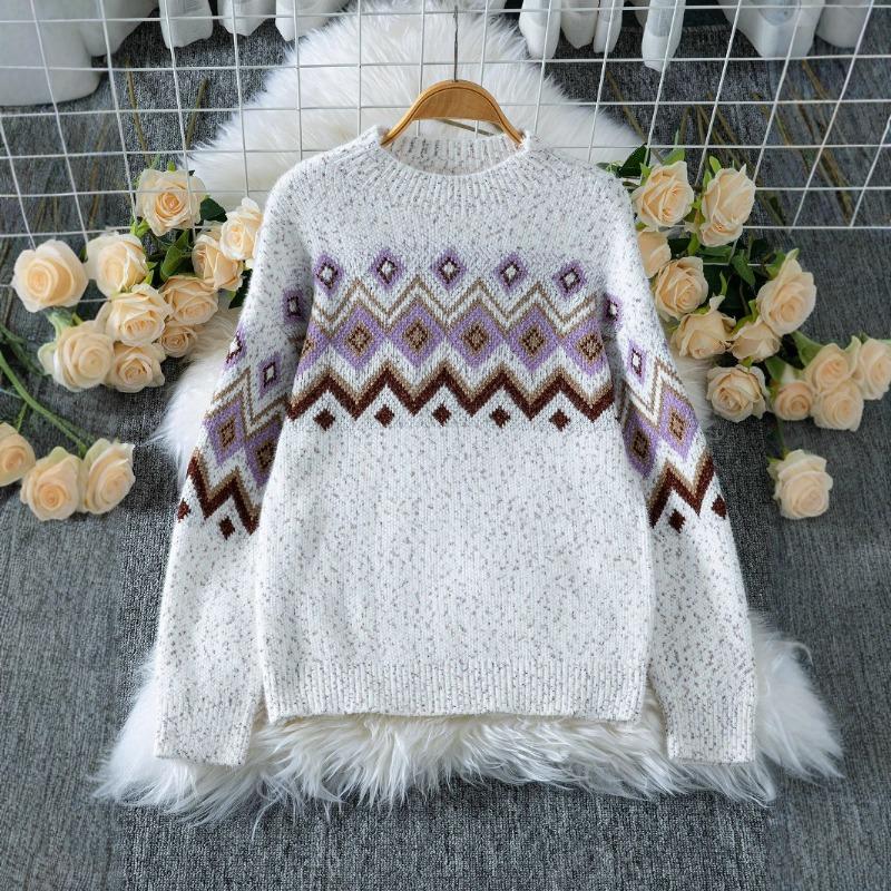 Women's Autumn and Winter New Pullover Half Turtleneck Jacquard Long-sleeved Sweater Casual Loose Knitted Sweater