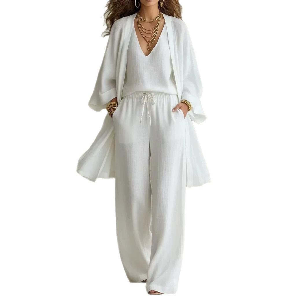 1116 women's loose V-neck suspenders wide-leg pants cardigan cotton and linen three-piece set hot-selling