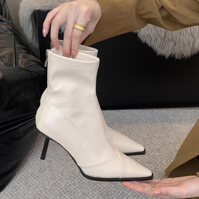 

Женские короткие сапоги на высоком каблуке, новинка осени и зимы 2025 года, универсальные эластичные сапоги в иностранном стиле с острым носком, белые тонкие сапоги, женские тонкие каблуки 40