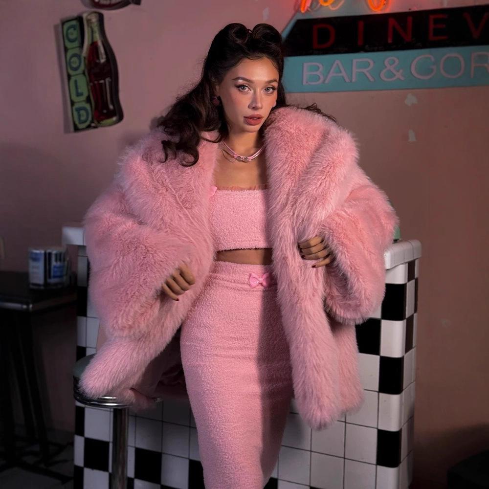 Source Factory Foreign Trade Medium and Long Pink Luxury Imitation Fox Hair Padded Cotton Thickened Environmentally Friendly Fur Jacket