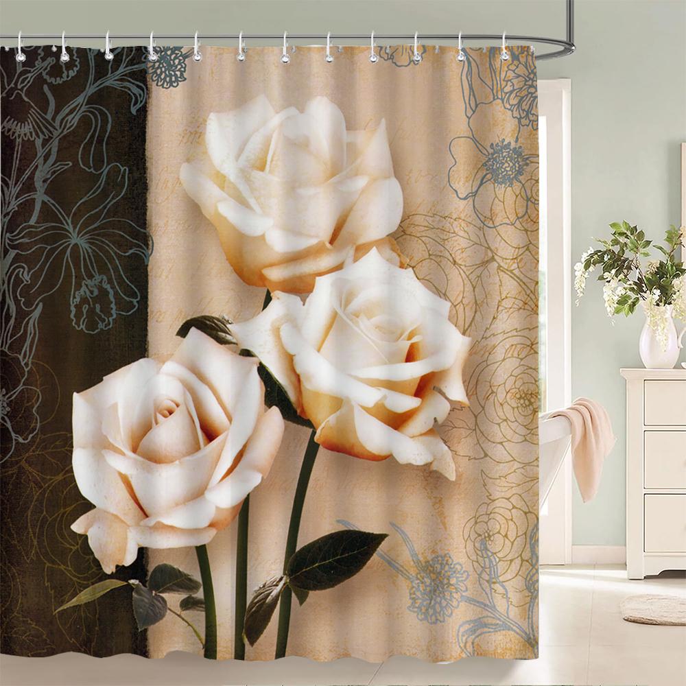 1 Pcs Retro Big Flowers Pattern Polyester Shower Curtain Partition Floral Bathroom Curtain with Hooks Home Decorative Curtain