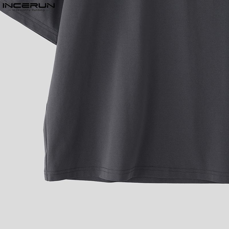 INCERUN Men Casual Turn-down Collar Short Sleeve Solid Color T-shirts