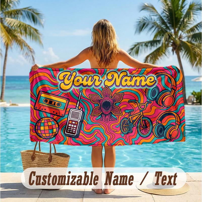 Custom Text Beach Towel, Soft Absorbent Swimming Multi-use TowelStranger Things