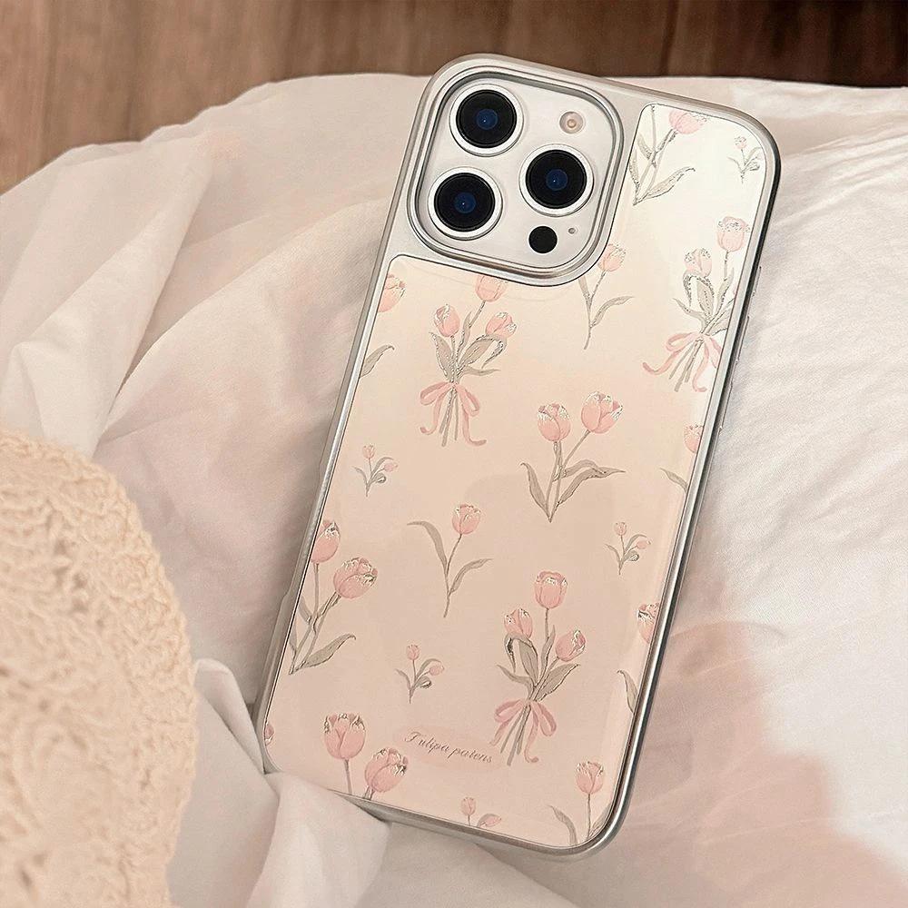 ins sweet pink tulip for apple 17/16 electroplated silver water condensation mobile phone case IP15 fresh 14 girl