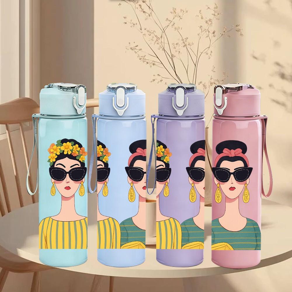 1PC Two Ladies Sunglasses Portrait 750ml Color Plastic Sports Water Bottle Leakproof Flip Straw Lid For Sports Office Home Use