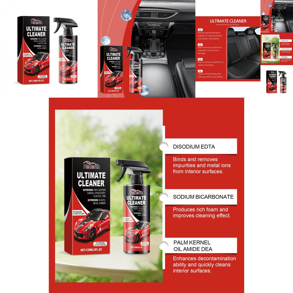 Homonth Nettoyant pour taches intérieures de voiture 120 ml Nettoyant multifonctionnel pour cuir et tableau de bord