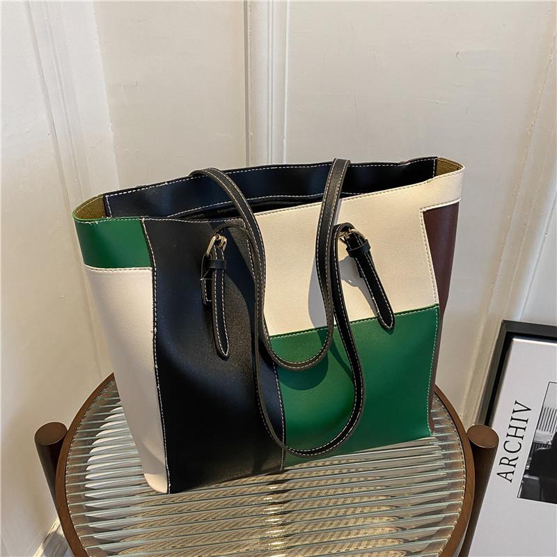 

Fashion splicing PU soft shoulder bag large capacity tote bag simple underarm bag trendy handbag зелений