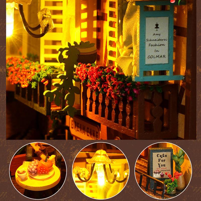 Bücherregal-Set Puppenhaus Holz Beleuchtet DIY Buchnische Bausatz 3D Puzzle Zusammenbau Gebäudemodell Buchstützen Geburtstagsgeschenke für Erwachsene