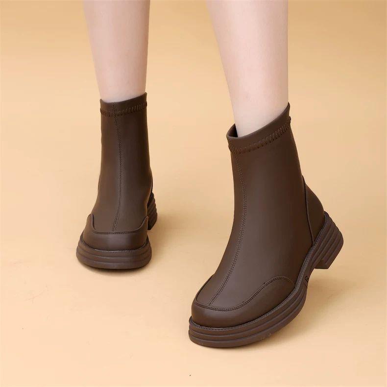 Women's Genuine Leather Chelsea Ankle Boots - New 2025 British Style, Winter Velvet Lining, Thick Sole, Slimming Design, Available in Plus Size 41