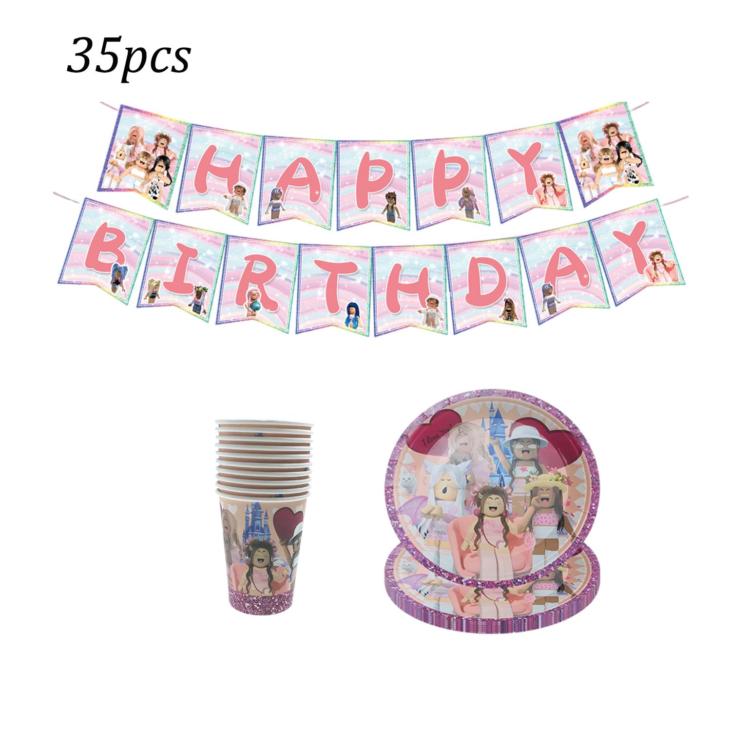 

Pink Robloxed Theme Birthday Party Decorations Tableware Set Balloons Cups Plates Banner Backdrop for Girls Baby Shower Supplies