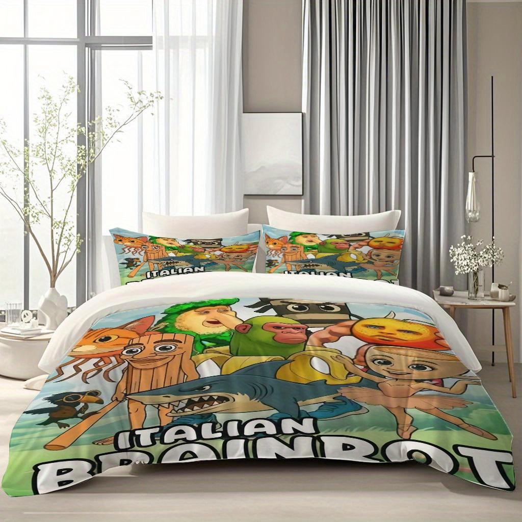 3Pcs Italian Brainrot Cartoon Crew Duvet Cover Set - Wrinkle-Resistant, Fade-Proof, Machine Washable, Lightweight All-Season