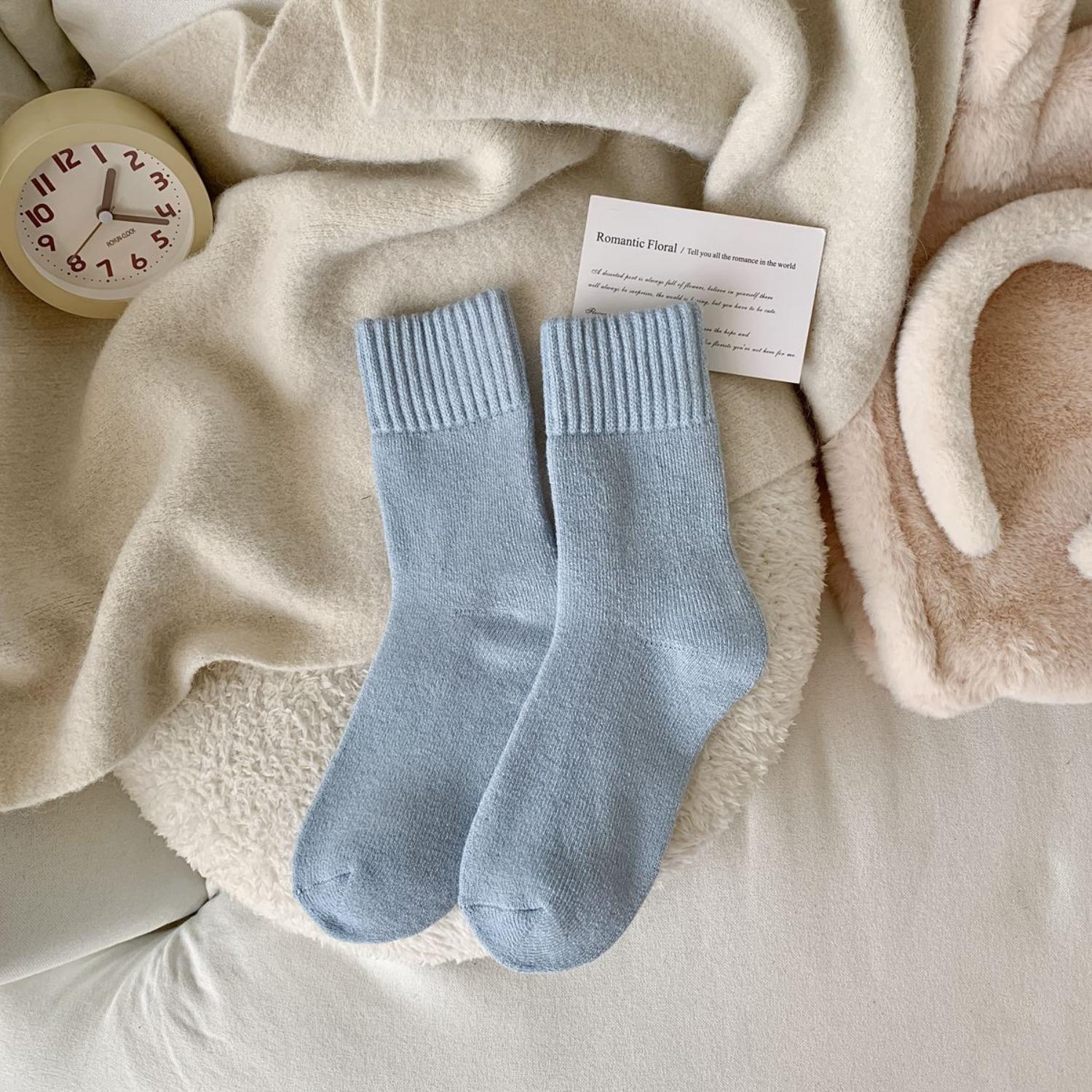 

Женские зимние носки с начесом, средние носки-трубы, плюшевые и толстые теплые носки с махровой подошвой, однотонные, толстые и универсальные махровые носки 1PCS синий