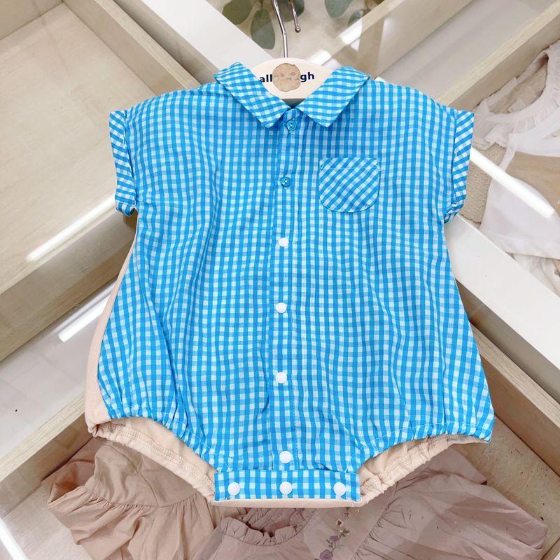 

South Korea Children s Clothing 23 Summer New Arrival Boys Pure Cotton Blue Plaid Bow Tie Short Sleeve One-Piece Romper Refreshing Handsome One-Piece Blue (V Friend 5% off) 80
