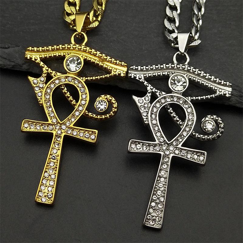 Stainless Steel Eye of Ra Horus Ankh Cross Pendant Necklaces for Women Men Mythology Rhinestones Egyptian Eyes Symbol Jewelry