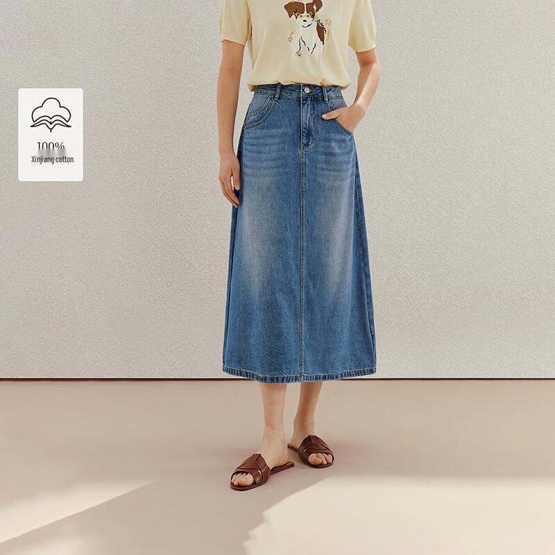 INMAN Vintage Distressed Washed Denim A-line Skirt S