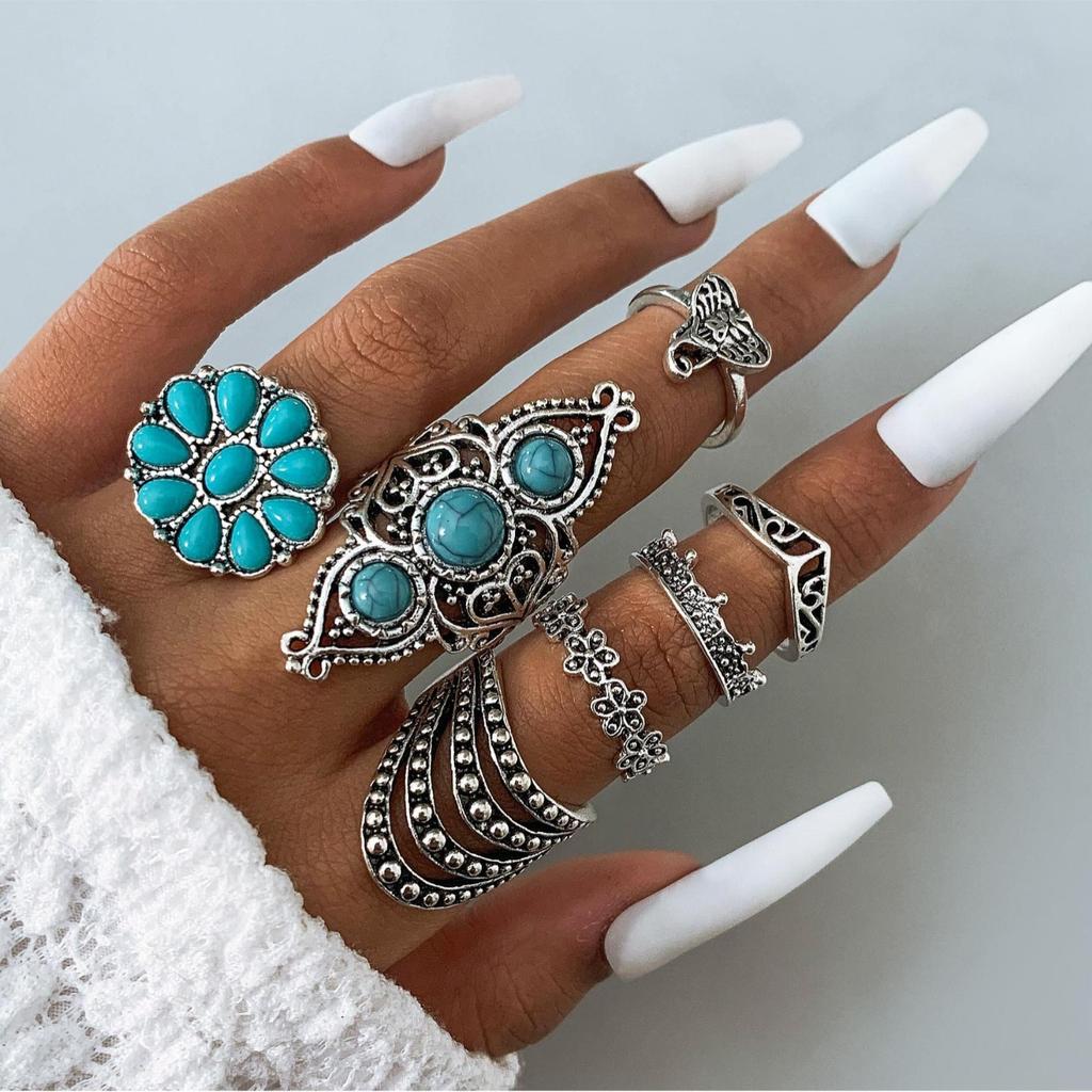 Ethnic style vintage turquoise carved feather ring fashion personality 8-piece combination ring set