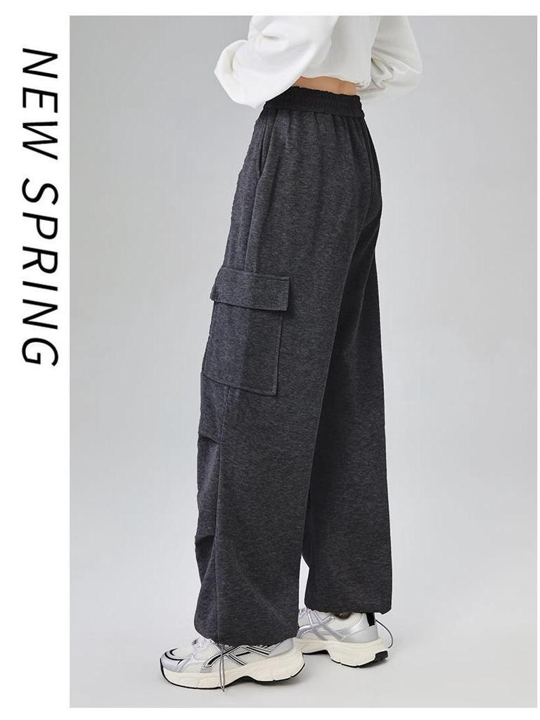 Women's Light Grey High-Waisted Strappy Overalls - Spring/Autumn Wide-Leg Pants with Large Pockets, Casual Sportswear