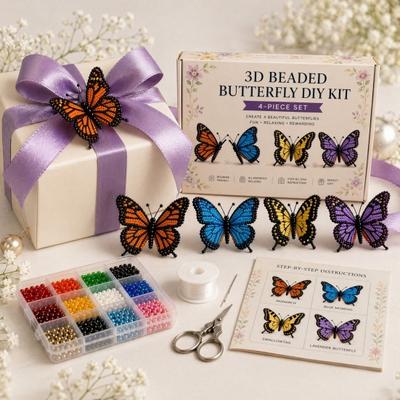 3D Beaded Butterfly Craft Kit, Tiny Beaded Animal DIY Handmade Art Set with Instruction, Cute 4-Pack Butterflies Beadwork Kit for Beginners, Craft