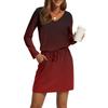 Women's Fashion V-Neck Long Sleeve Drawstring With Pockets Gradient Printed Casual Dresses