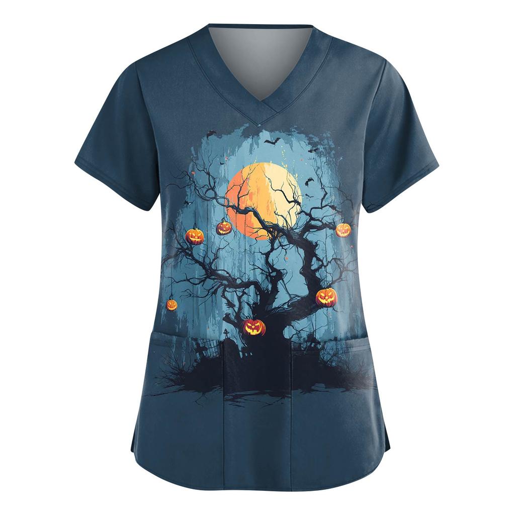 Tuta da donna alla moda con scollo a V, manica corta, con tasche, top stampati per Halloween, abbigliamento