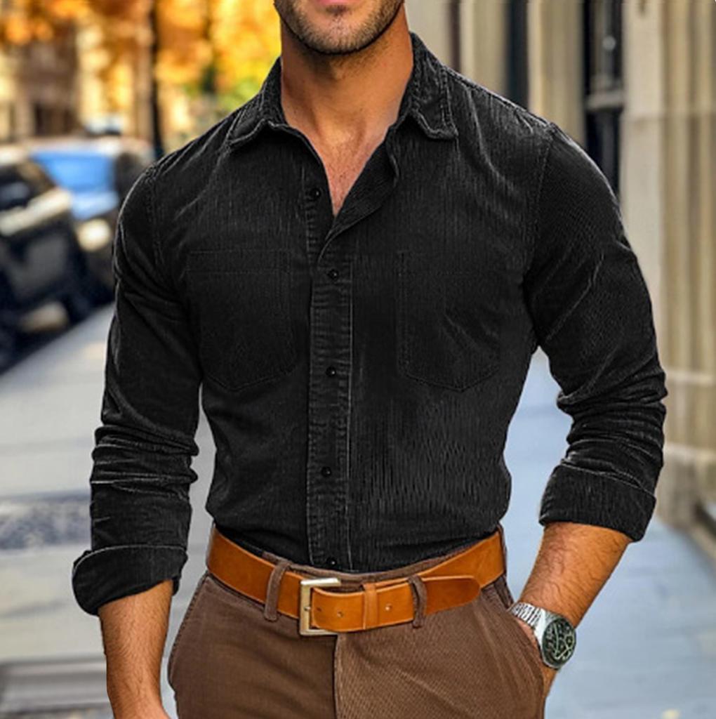 Men Corduroy Long Sleeve Shirt with Button Down Front and Dual Chest Pockets Casual Fit Classic Collar Design